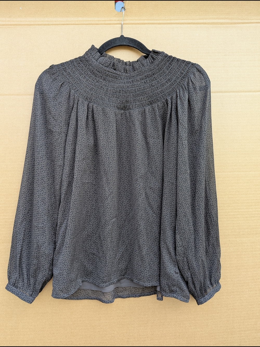 LOFT Ditsy Ruffle Smocked High-Neck Long Sleeve Blouse Sheer Chiffon XS Brown